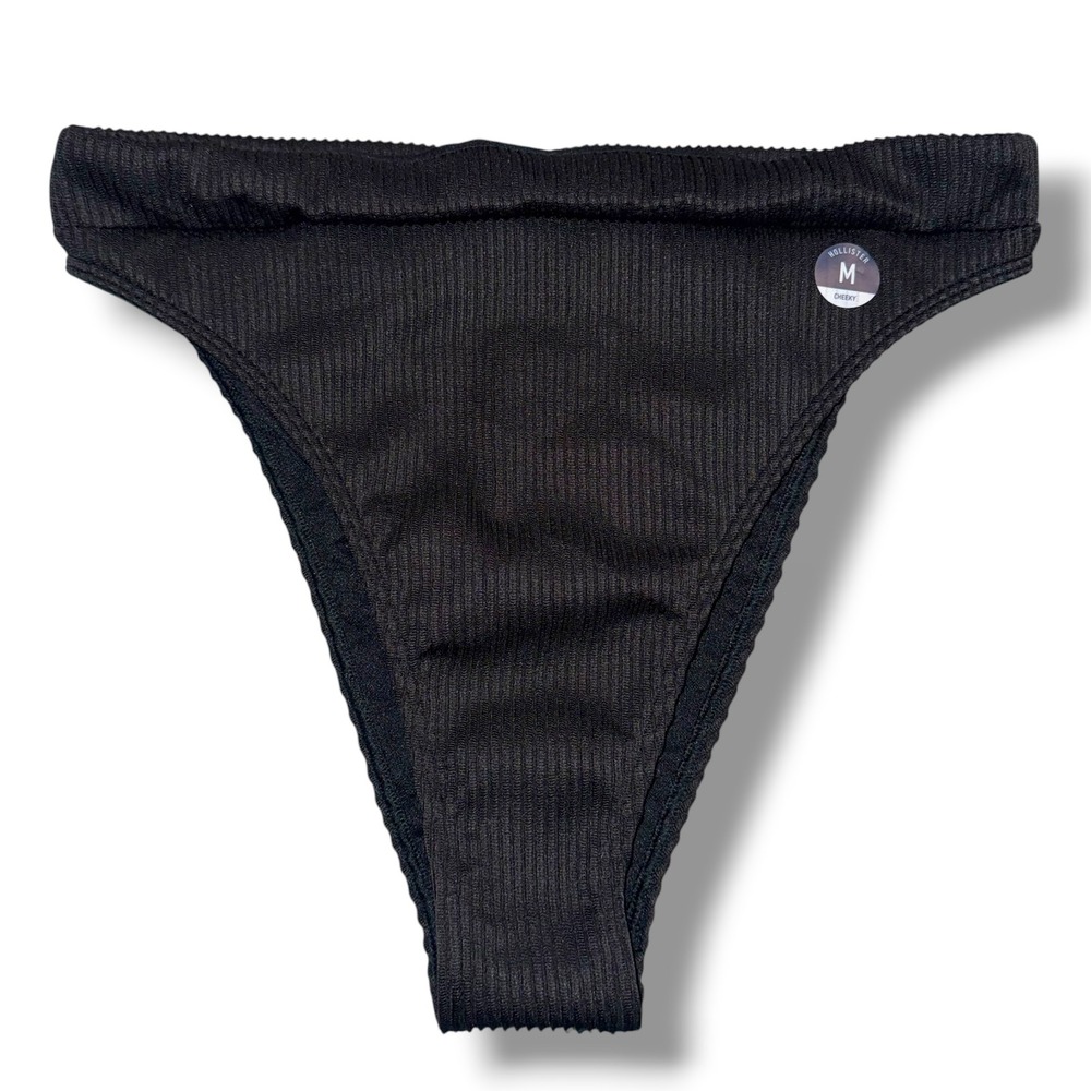 Hollister Bikini Bottom Women M Black Ribbed‎ High-Leg Cheeky Swimwear NWOT